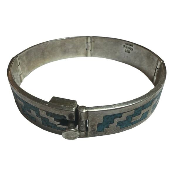 Vintage 925 TC Mexico Sterling Silver Turquoise Inlay Bangle Bracelet - 67 Grams - Picture 2 of 11